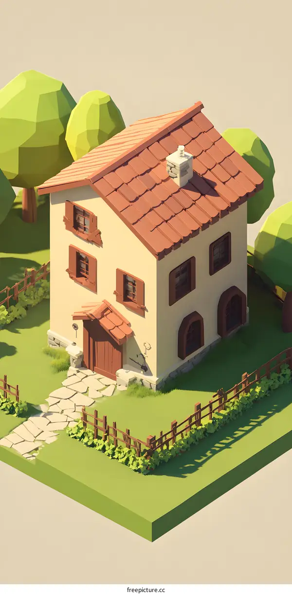 Low Poly 3D Illustration of a Countryside House with Green Trees