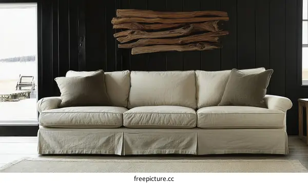 Rustic Living Room Sofa with Natural Wood Wall Decor