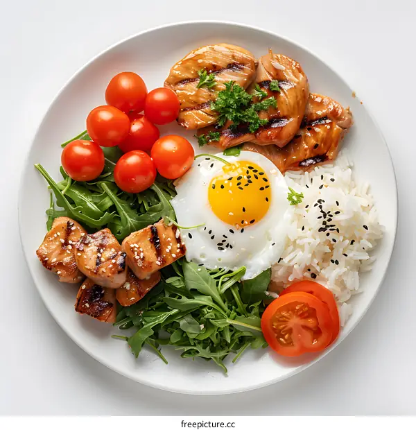 A delicious and healthy meal of chicken, rice, tomatoes, egg and salad