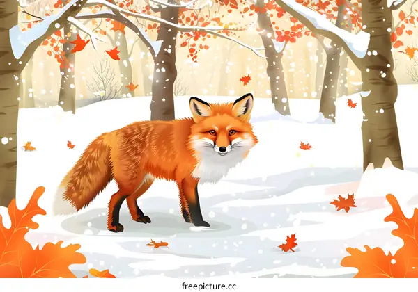 Red Fox in Winter Forest Illustration
