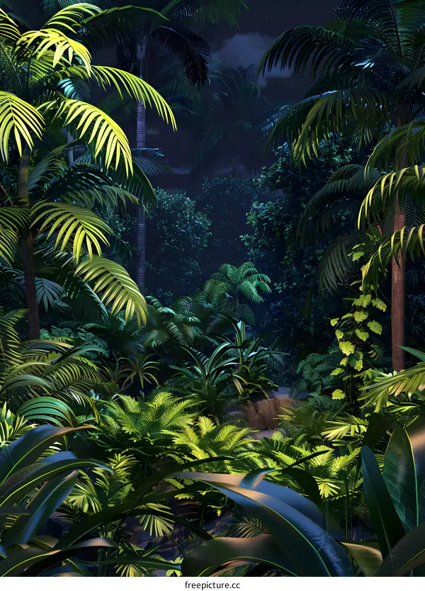 Tropical Rainforest Night Scene With Lush Greenery and Palm Trees