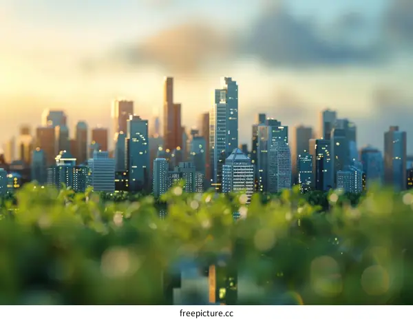 Small City Model with Lush Green Grass in the Foreground