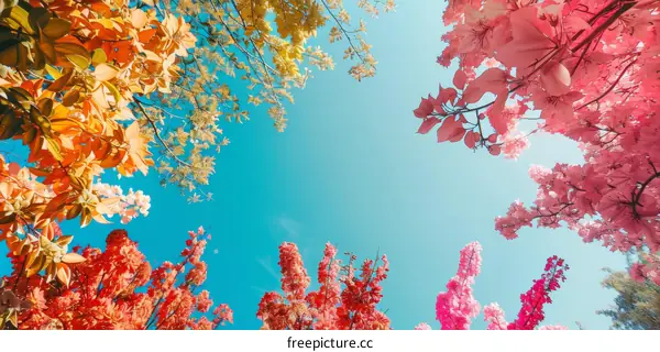 Springtime Foliage and Flowers Against a Blue Sky