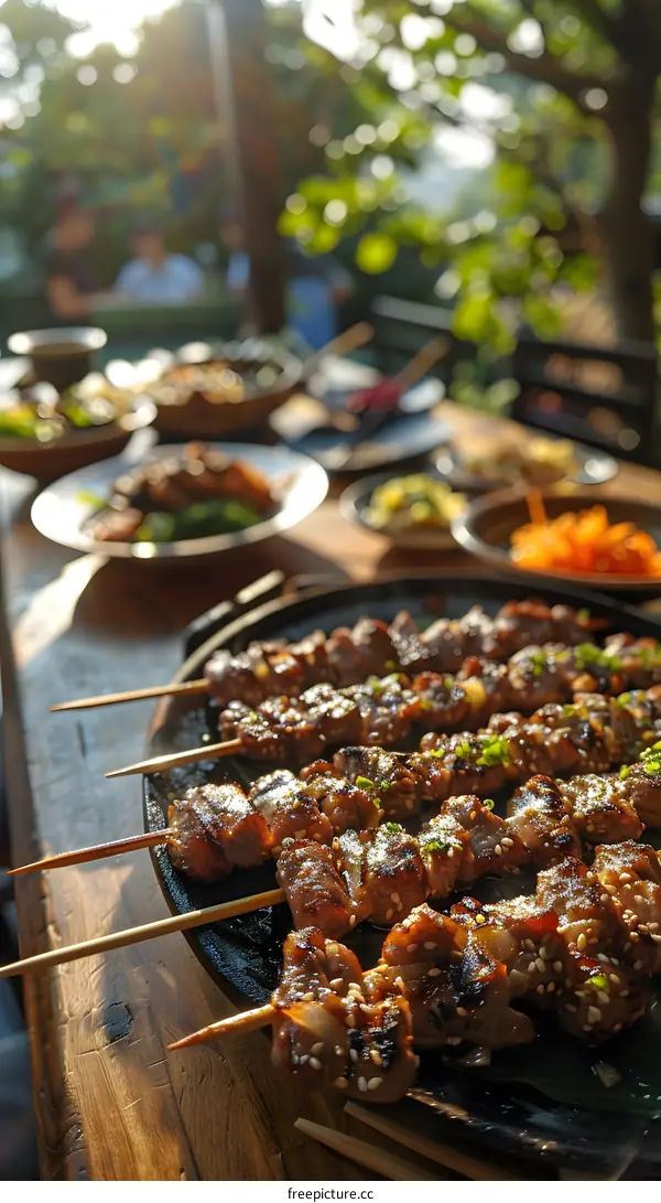 Grilled Meat Skewers with Sesame Seeds and Green Onions on a Wooden Table
