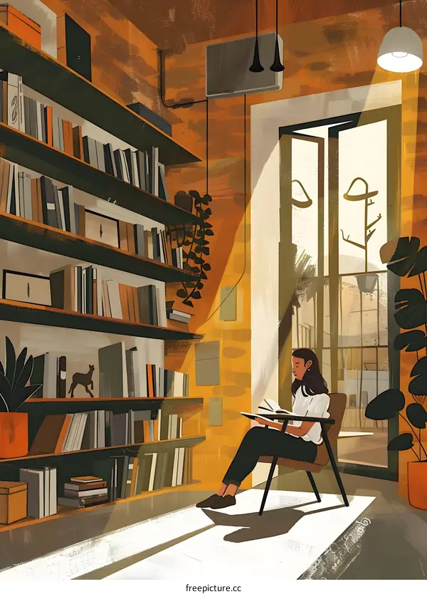 Woman Reading In A Cozy Library Interior