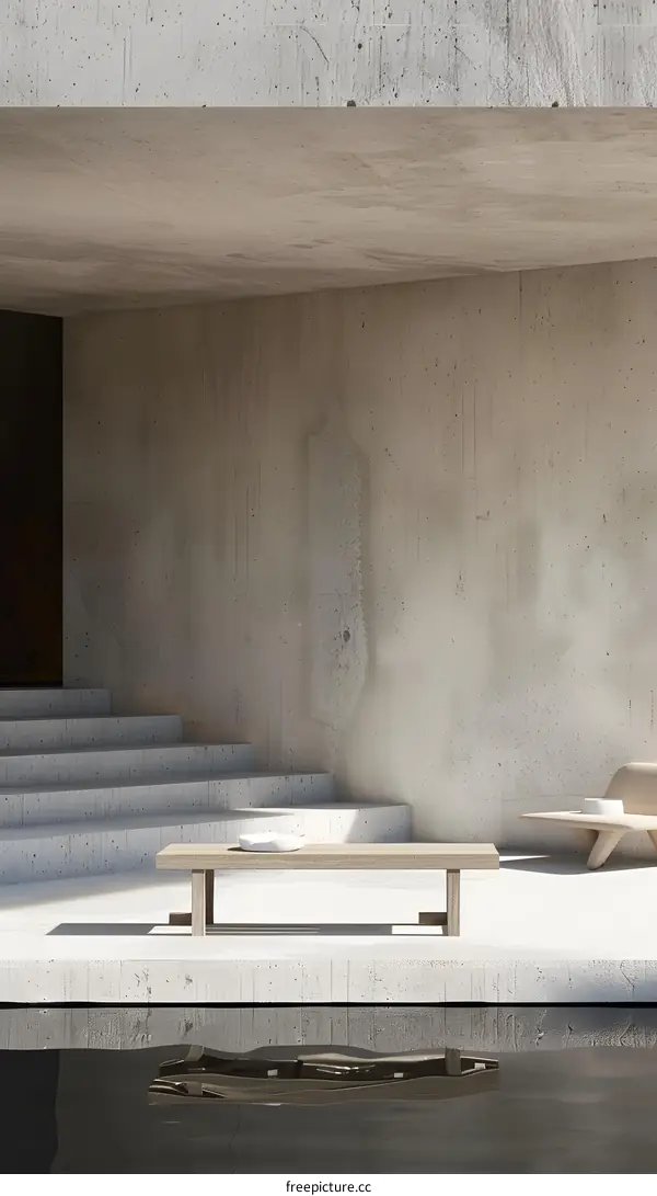 Minimalist Concrete Patio with Wooden Bench and Water Feature