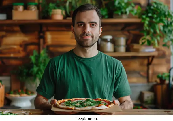 Confident male chef holding a pizza