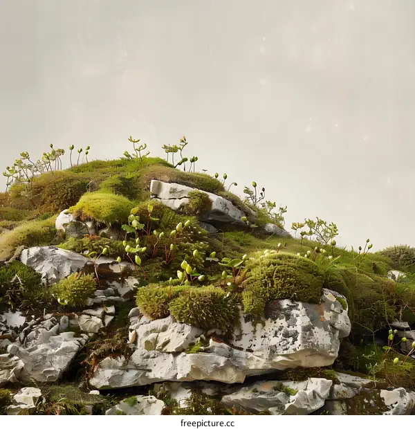 Green Moss Covered Rocks Against A Grey Sky