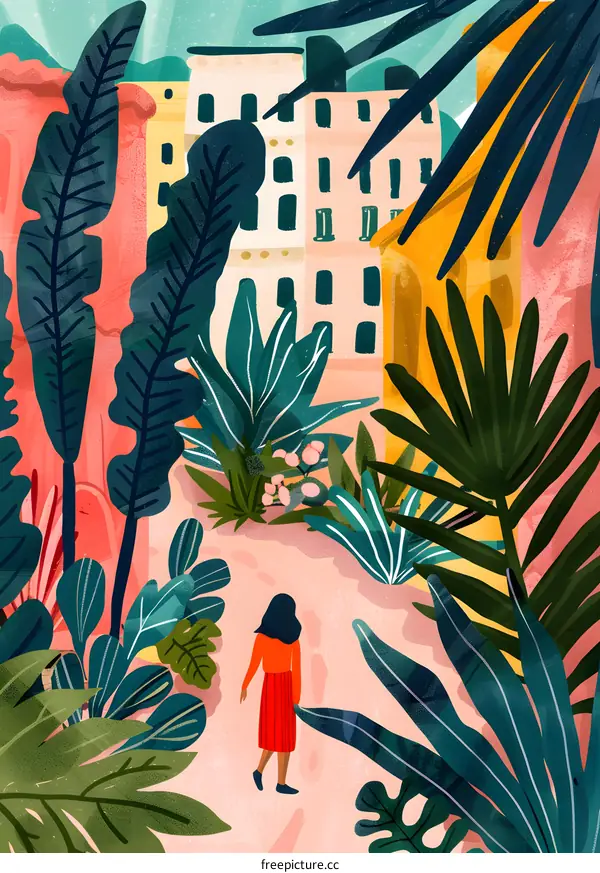 Woman Walking Through Lush Tropical Garden in City