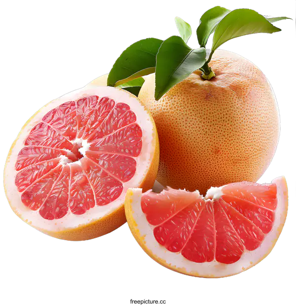 [Transparent Background PNG]Fresh Ripe Grapefruit with Green Leaves on White Background