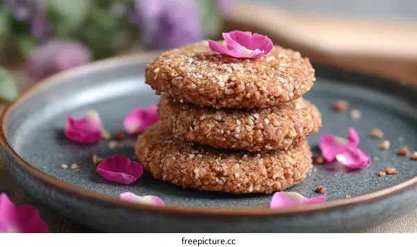 Delicious Homemade Oatmeal Cookies Decorated with Rose Petals