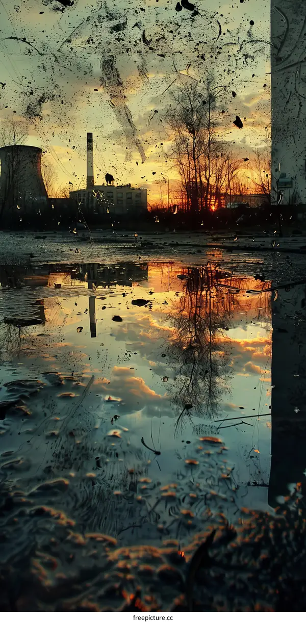The setting sun reflects off a puddle in an abandoned parking lot