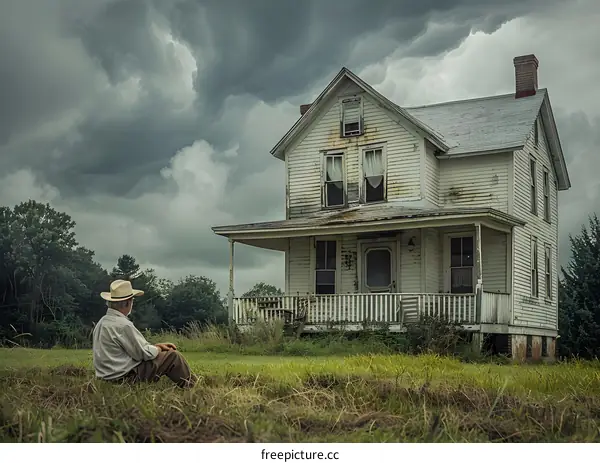 An old man sits in a field and looks at an abandoned house