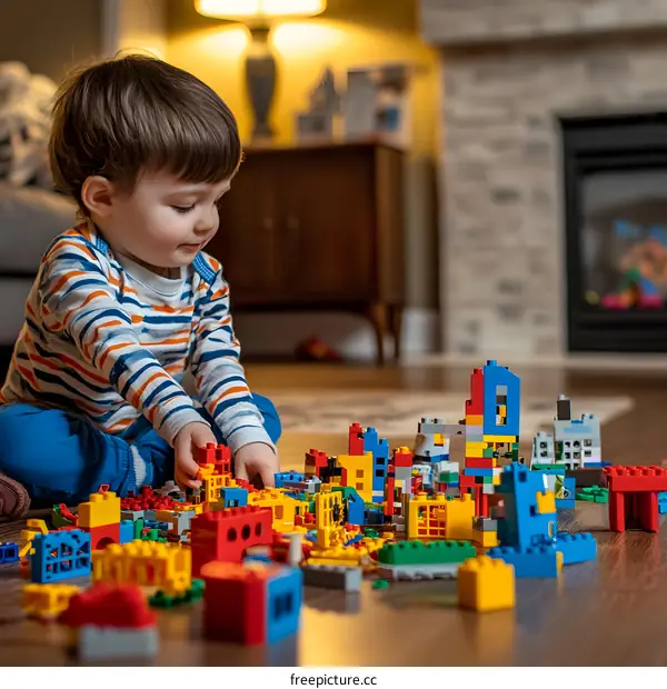 Little Boy Building With Colorful Blocks