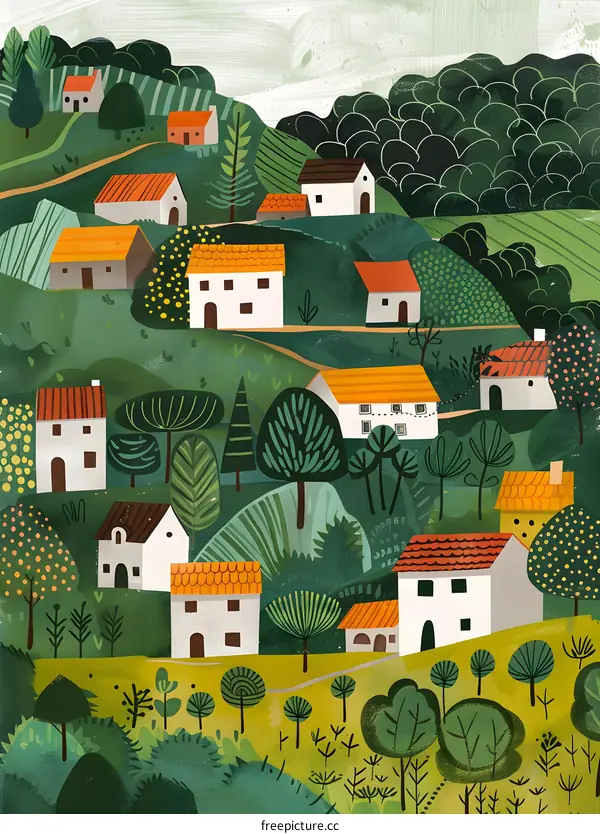 Colorful Illustration of a Village with Houses and Trees