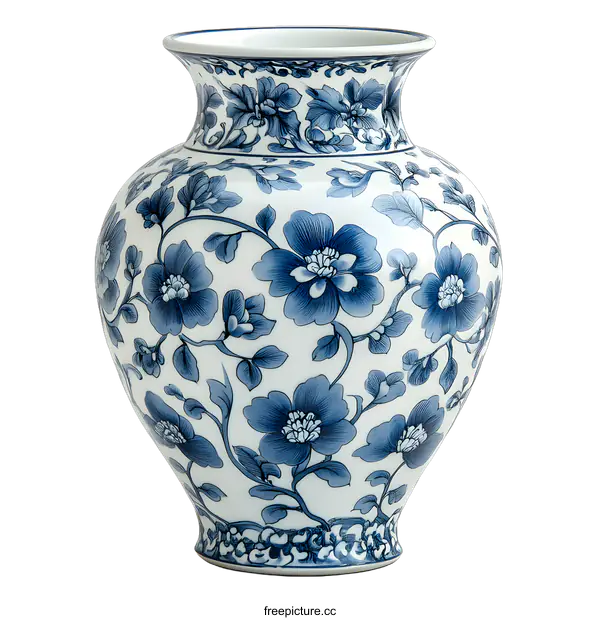 [Transparent Background PNG]Blue and White Porcelain Vase with Floral Design