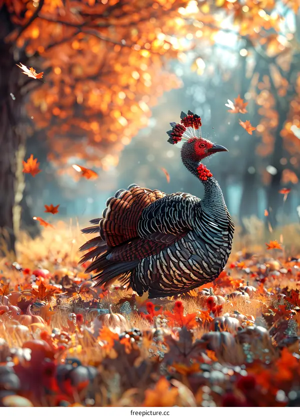 A turkey standing in an autumn forest