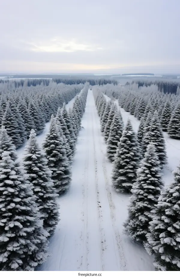 Aerial view of snow-covered pine tree plantation in winter