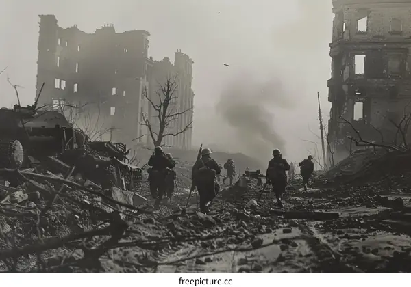 A group of soldiers walk through a destroyed city during World War II.