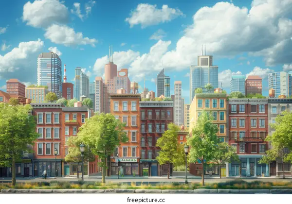 Vibrant Cityscape with Green Roofs and Sunny Day