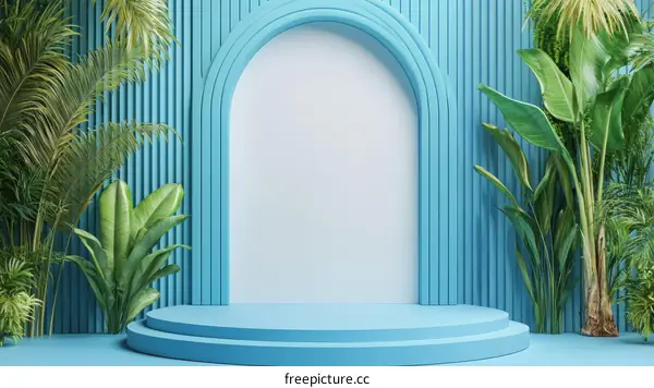 Blue Tropical Display Podium with Plants
