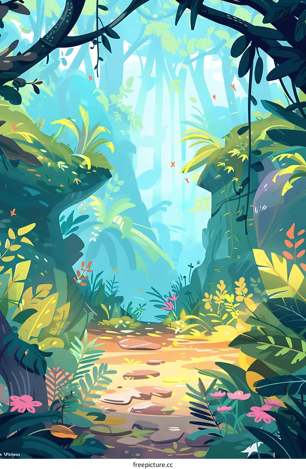 Jungle Path Illustration with Lush Greenery and Colorful Flowers