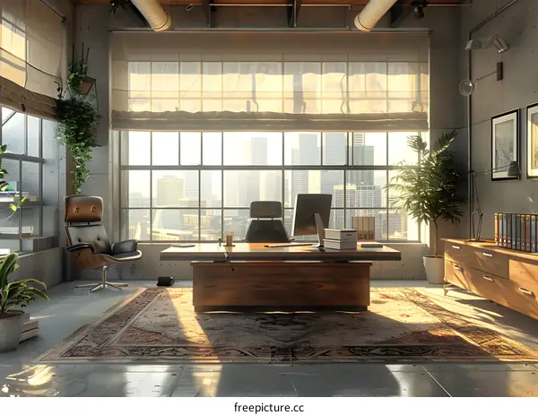 Modern office interior with large windows and a city view
