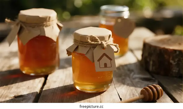 Fresh Organic Honey Jars with Paper Lids on Wooden Table
