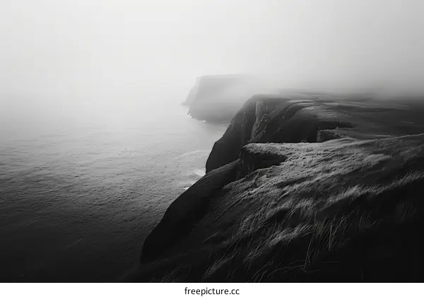 Black and White Photo of a Rocky Cliff Overlooking a Large Body of Water