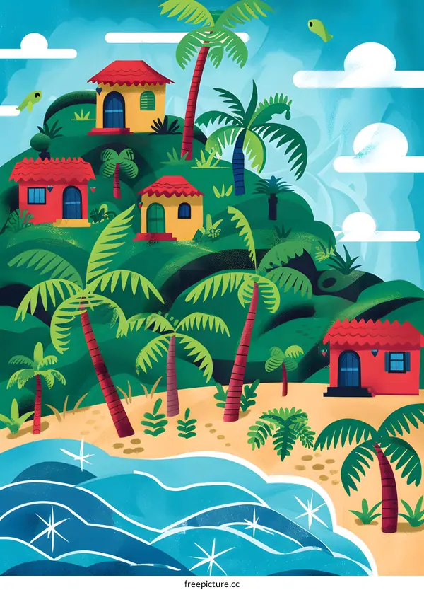 Tropical Island with Palm Trees and Colorful Houses