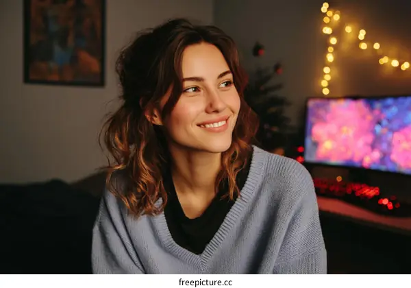 Smiling Woman Relaxing in Cozy Home Setting
