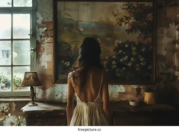 A woman standing in front of a painting