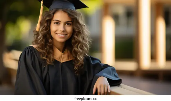 A young woman in a graduation gown is smiling.