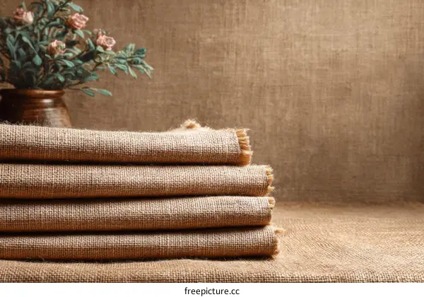Stack of Burlap Fabric Against Rustic Background