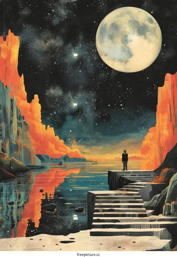 Man Contemplating the Moon on a Cliff