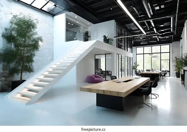 Modern Open-Plan Office Space with Staircase