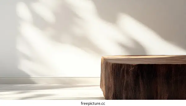 Empty Wooden Stump Display Stand Against a White Wall