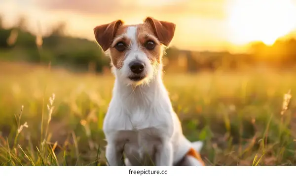 brown and white short-coated dog sitting on green grass field during daytime