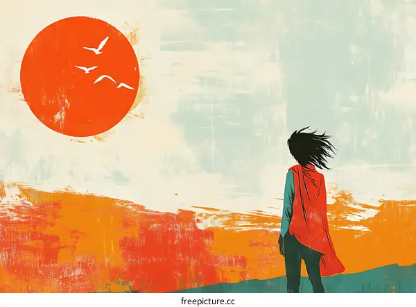 Woman Standing with a Red Cape Against a Sunset