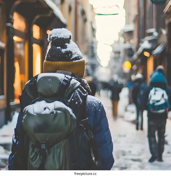 Backpacker Walking Through Snowy City Street