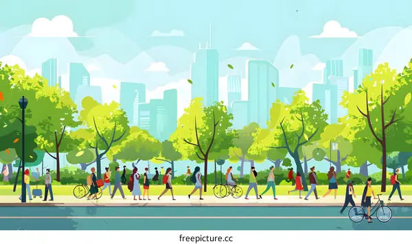 People Walking in a Park with a City Skyline in the Background