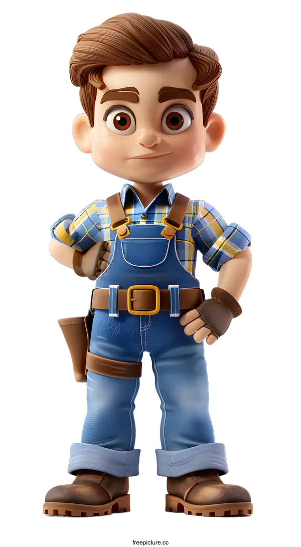 [Transparent Background PNG]3D Cartoon Illustration of a Young Boy Wearing Work Clothes