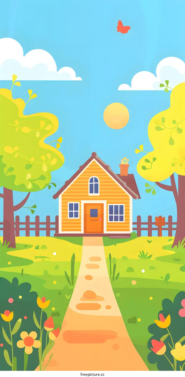 Colorful Illustration of a Yellow House with a Path Leading to it in a Green Meadow with Flowers and Trees