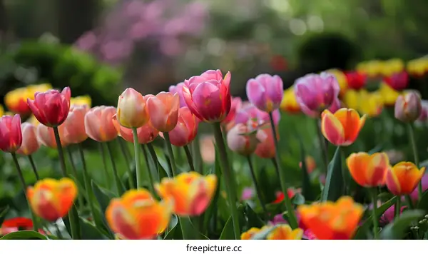 Closeup of Colorful Tulips Blooming in a Garden