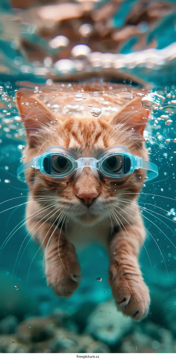 A ginger cat wearing blue-rimmed goggles swims underwater