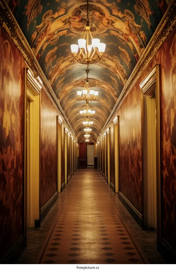 A long hallway with a coffered ceiling and ornate walls