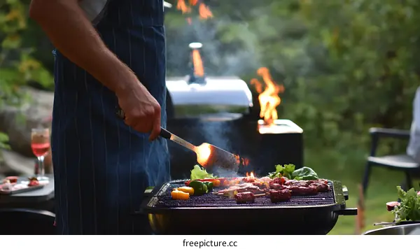 Man Grilling Meat And Vegetables On Barbeque Grill In Backyard