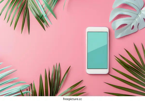 White Smartphone with Green Palm Leaves on Pink Background