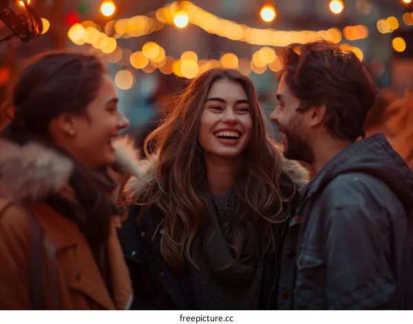 Three young friends are talking and laughing together in a city at night.