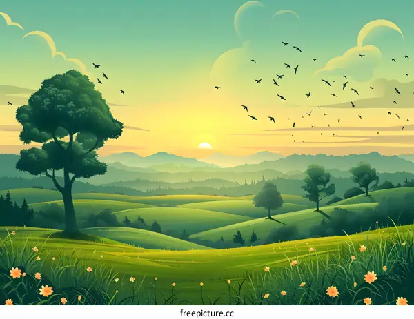 Green rolling hills landscape at sunset